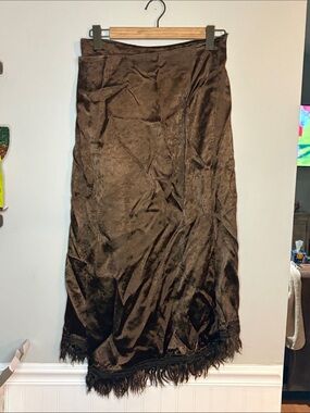 Marni Brown Satin Maxi Skirt with Fringe Hem